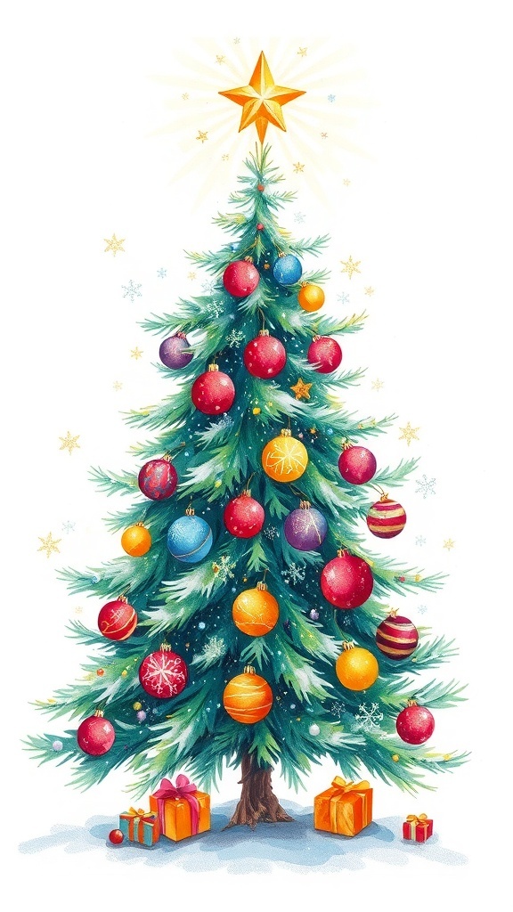 Christmas Tree Drawing Guide A festive Christmas tree drawing with ornaments and a star, surrounded by snowflakes.